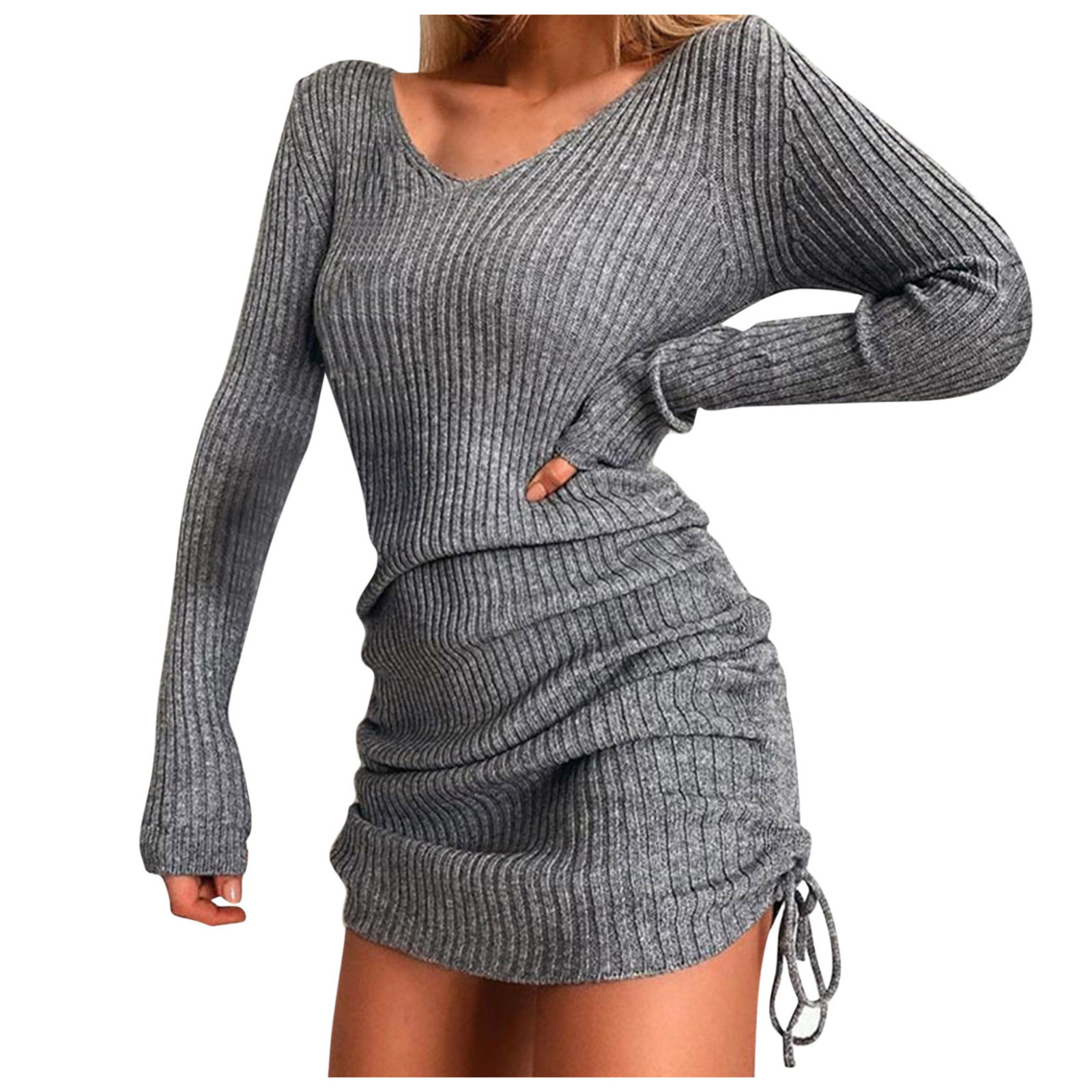Vestido de jersey de manga larga con cuello en V para mujer - Corte ajustado, material de poliéster, informal/para el día a día, lavable a mano/a máquina (S-XXL)
